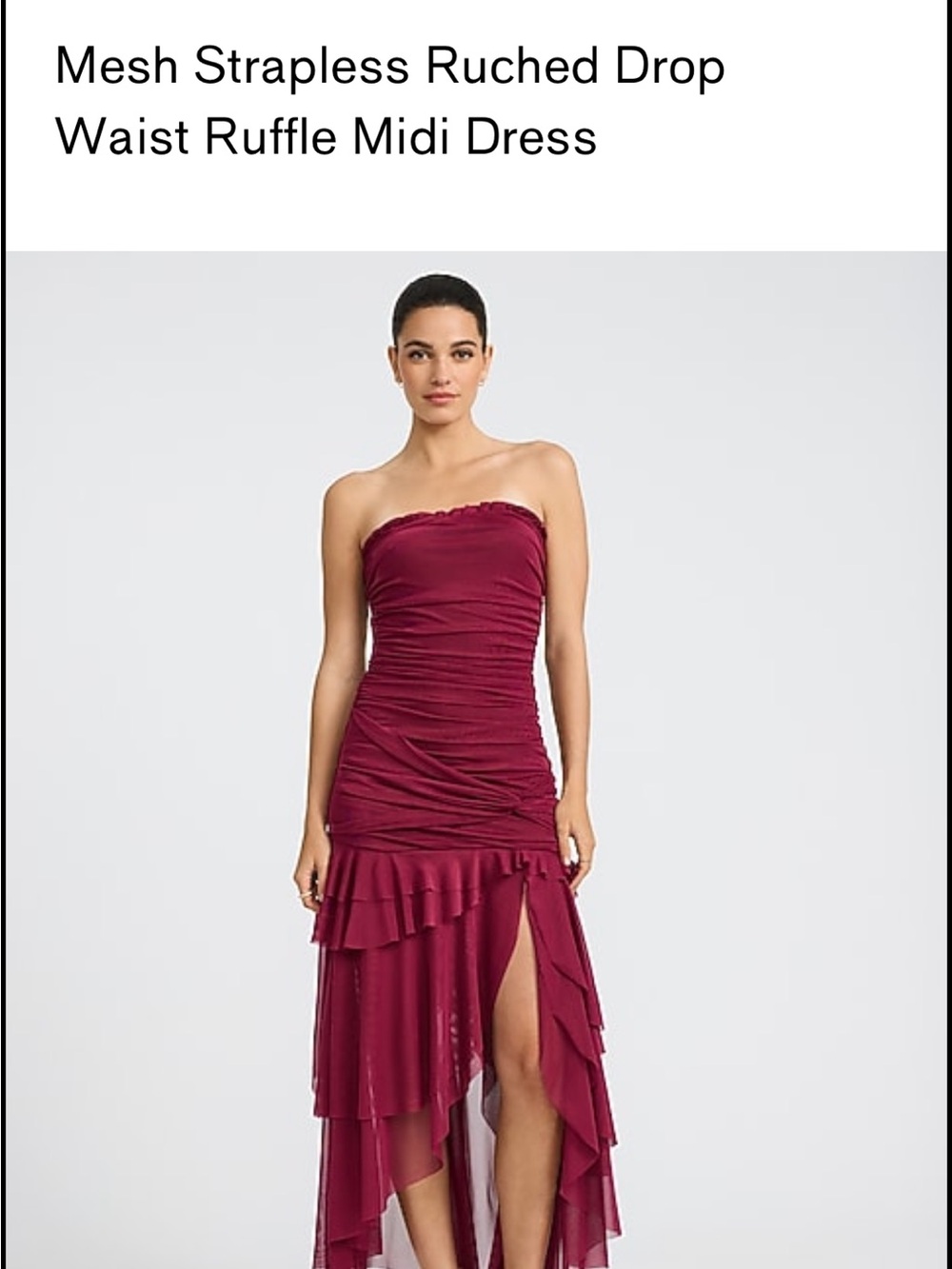 Express Strapless Ruched Ruffle Midi Dress - Burgundy